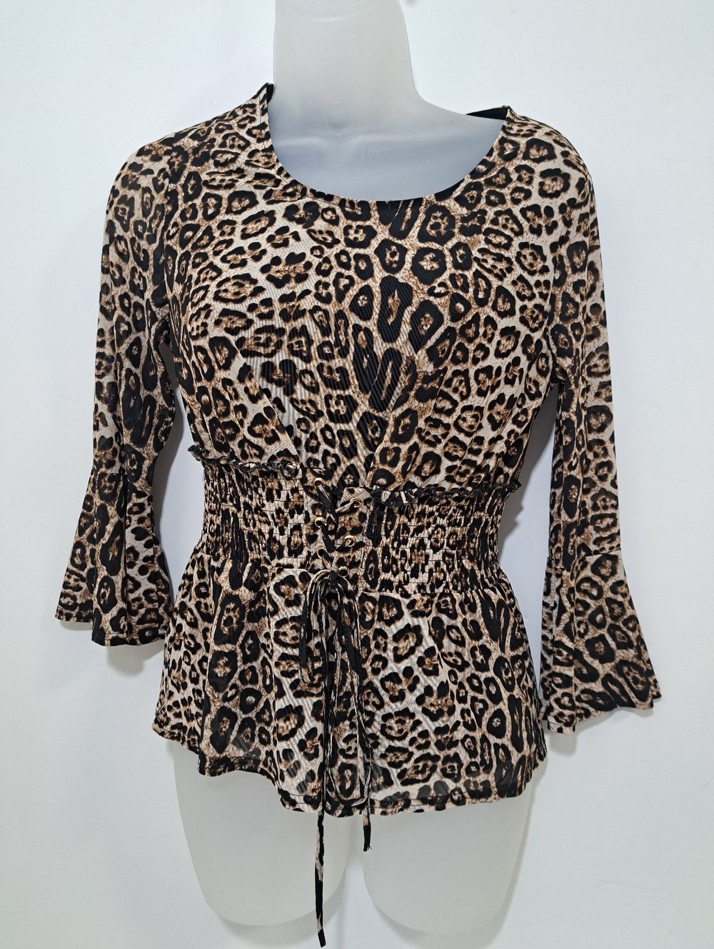 Ember Cheetah Print Blouse w/ Corset Waist Women's Medium Bell End Sleeve